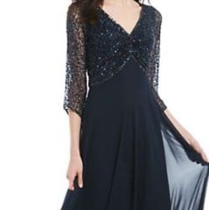 J KARA 3/4 Sleeve V-neck Beaded Long Dress